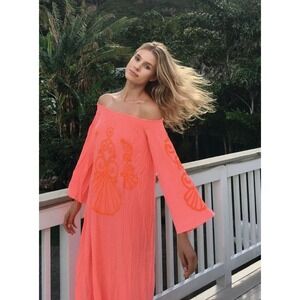 Lilly Pulitzer Nita Maxi Dress Off The Shoulder Guava Melon Beaded Size Small